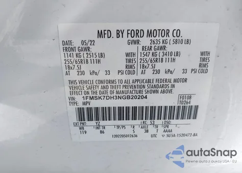 2022 Ford Explorer Xlt z USA, uszkodzony, nr VIN 1FMSK7DH3NGB20204